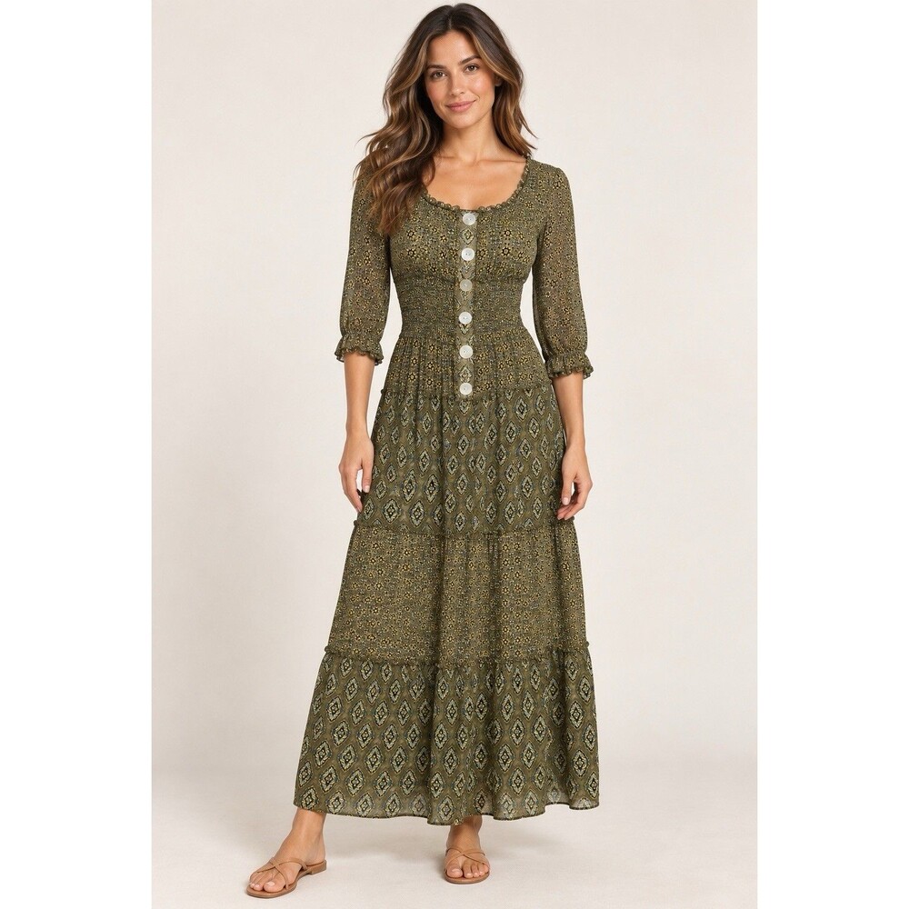 Figueroa & Flower Olive Floral Chiffon Sheer Unlined Tiered Maxi Dress Boho D
